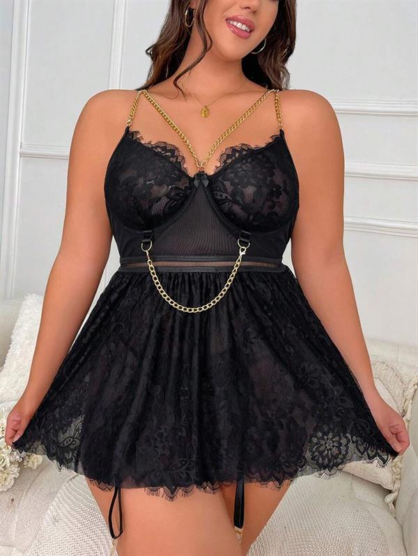 Arias Closet Özel Tasarım Büyük Beden Fantezi Zincir Detaylı Dantelli Gecelik - Görsel 4