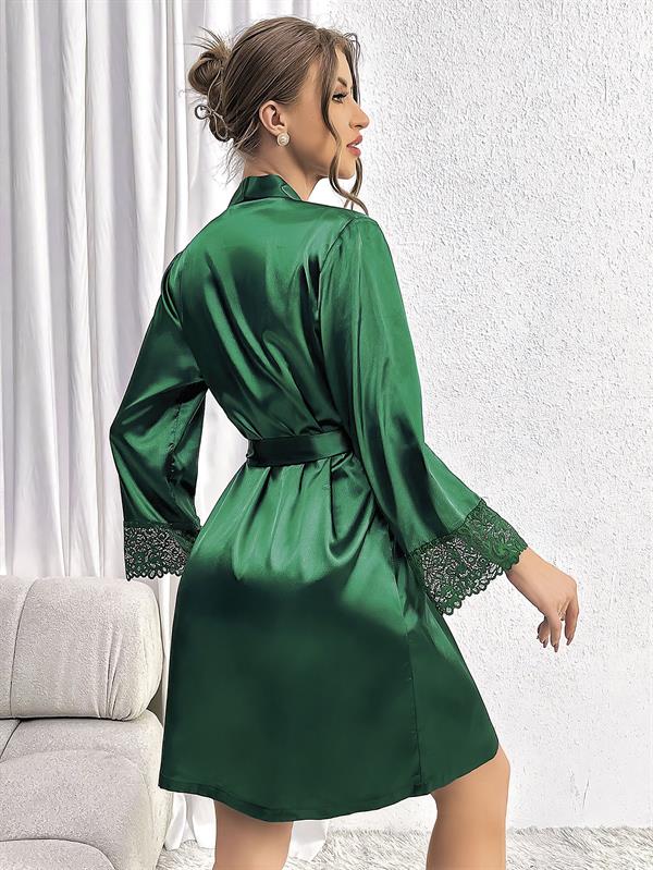 Arias Closet Özel Tasarım Dantel İşlemeli Göğüs Dekolteli Sabahlıklı 2'li Yeşil Saten Gecelik Takımı - Görsel 3