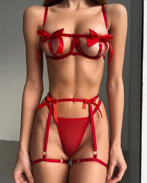 Arias Closet Özel Tasarım Kırmızı Kurdela Detaylı Jartiyerli Fantezi Sütyen String Takımı - Görsel 1