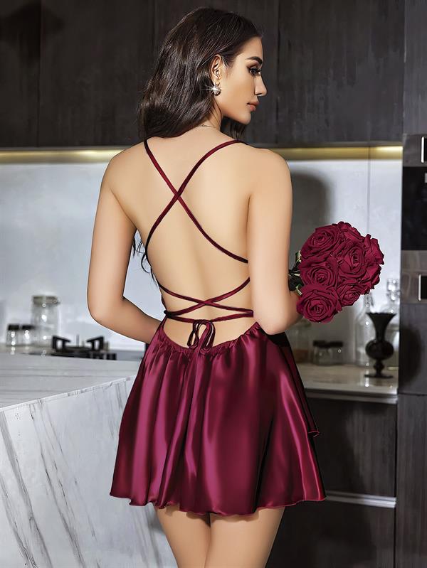 Arias Closet Özel Tasarım Sırt Dekolteli Sabahlıklı Saten Bordo 2'li Gecelik Takımı - Görsel 3