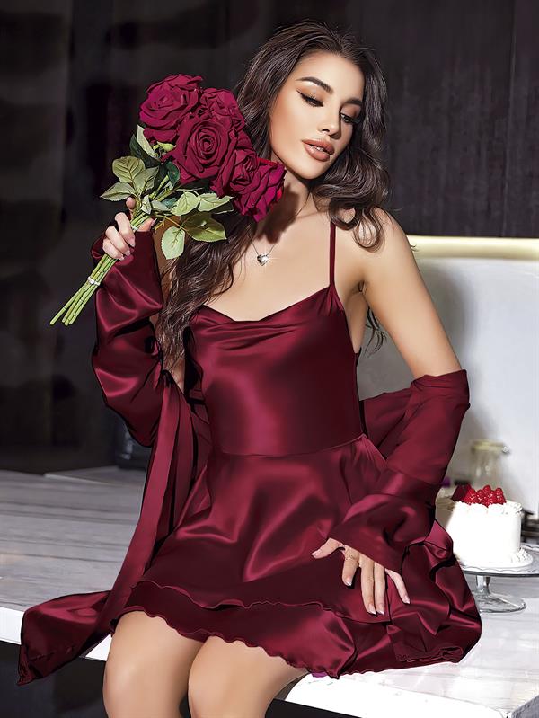 Arias Closet Özel Tasarım Sırt Dekolteli Sabahlıklı Saten Bordo 2'li Gecelik Takımı - Görsel 1