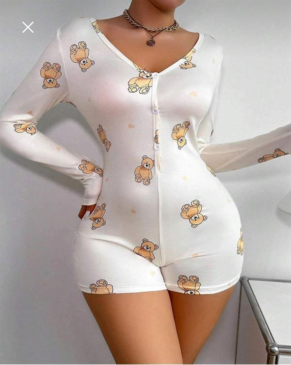 Arias Closet Pamuklu Beyaz Ayıcık Desenli Düğmeli Uzun Kol Tulum Pijama - Görsel 4