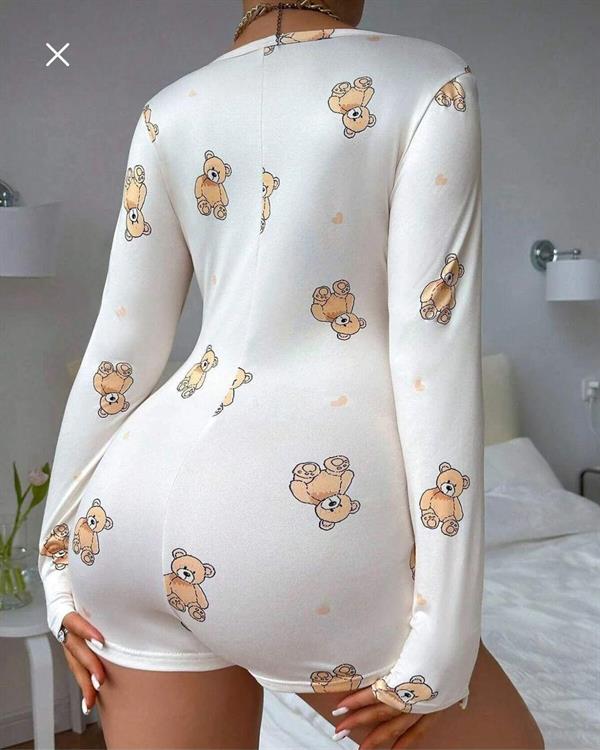 Arias Closet Pamuklu Beyaz Ayıcık Desenli Düğmeli Uzun Kol Tulum Pijama - Görsel 3