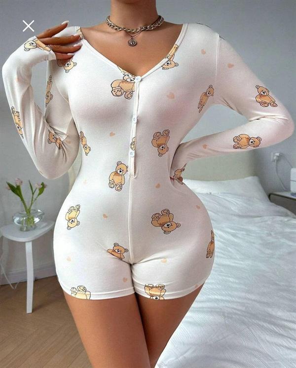 Arias Closet Pamuklu Beyaz Ayıcık Desenli Düğmeli Uzun Kol Tulum Pijama - Görsel 1