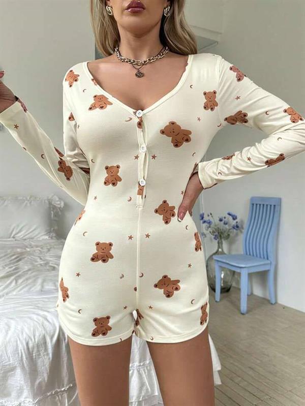 Arias Closet Pamuklu Ekru Ayıcık Desenli Düğmeli Tulum Pijama - Görsel 2