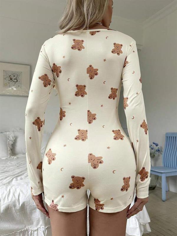 Arias Closet Pamuklu Ekru Ayıcık Desenli Düğmeli Tulum Pijama - Görsel 4