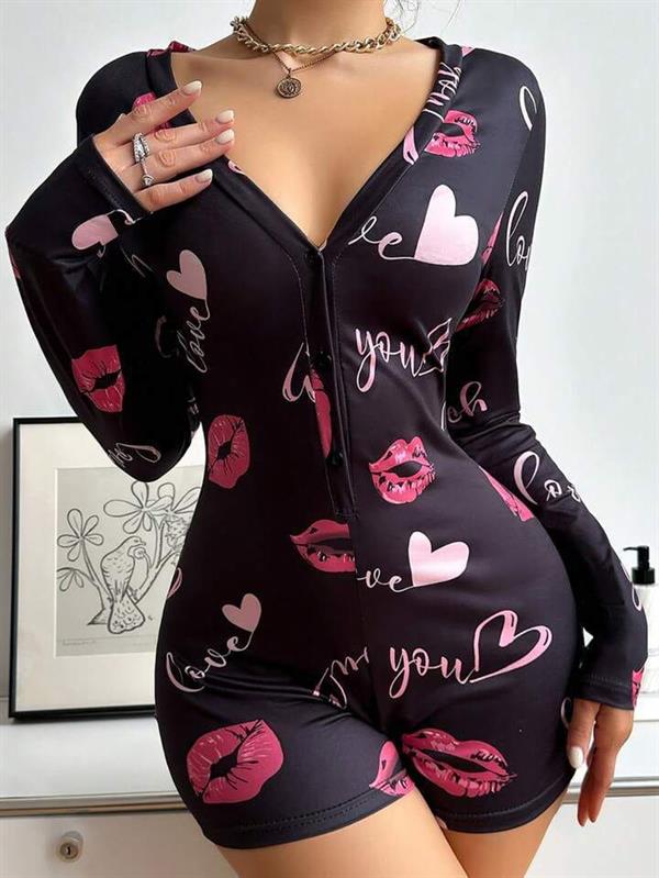 Arias Closet Pamuklu Kırmızı Öpücük ve Kalp Desenli Düğmeli Uzun Kol Tulum Pijama - Görsel 2