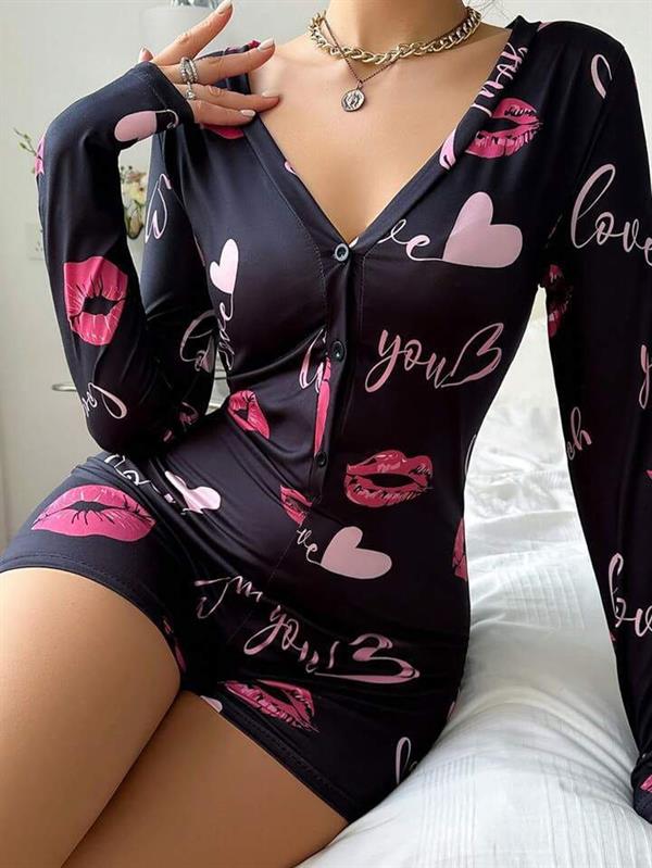 Arias Closet Pamuklu Kırmızı Öpücük ve Kalp Desenli Düğmeli Uzun Kol Tulum Pijama - Görsel 4