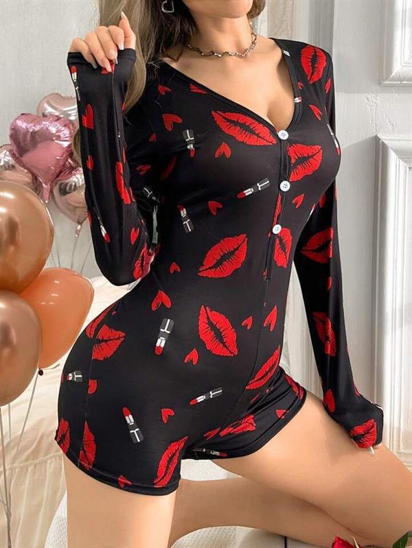 Arias Closet Pamuklu Kırmızı Ruj ve Öpücük Desenli Düğmeli Uzun Kol Tulum Pijama - Görsel 2