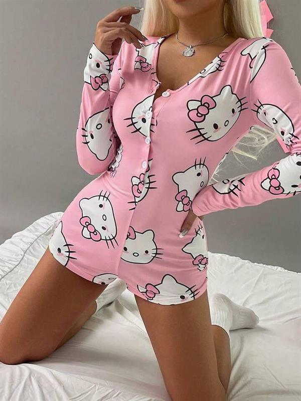 Arias Closet Pamuklu Pembe Hello Kitty Desenli Düğmeli Uzun Kol Tulum Pijama - Görsel 1