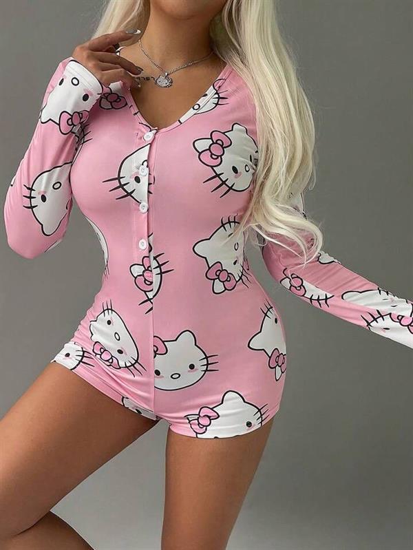 Arias Closet Pamuklu Pembe Hello Kitty Desenli Düğmeli Uzun Kol Tulum Pijama - Görsel 2