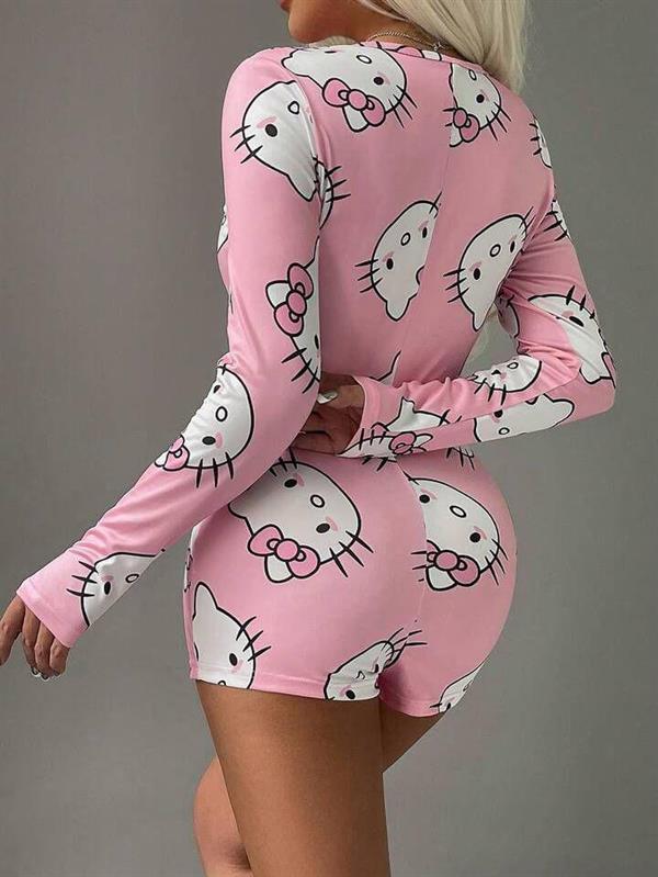 Arias Closet Pamuklu Pembe Hello Kitty Desenli Düğmeli Uzun Kol Tulum Pijama - Görsel 3