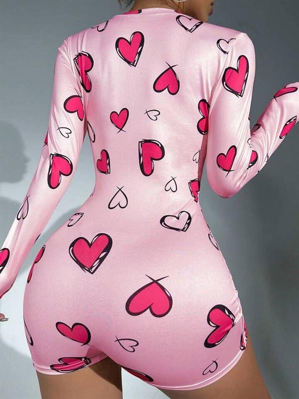 Arias Closet Pamuklu Pembe Kalp Desenli Düğmeli Uzun Kol Tulum Pijama - Görsel 3