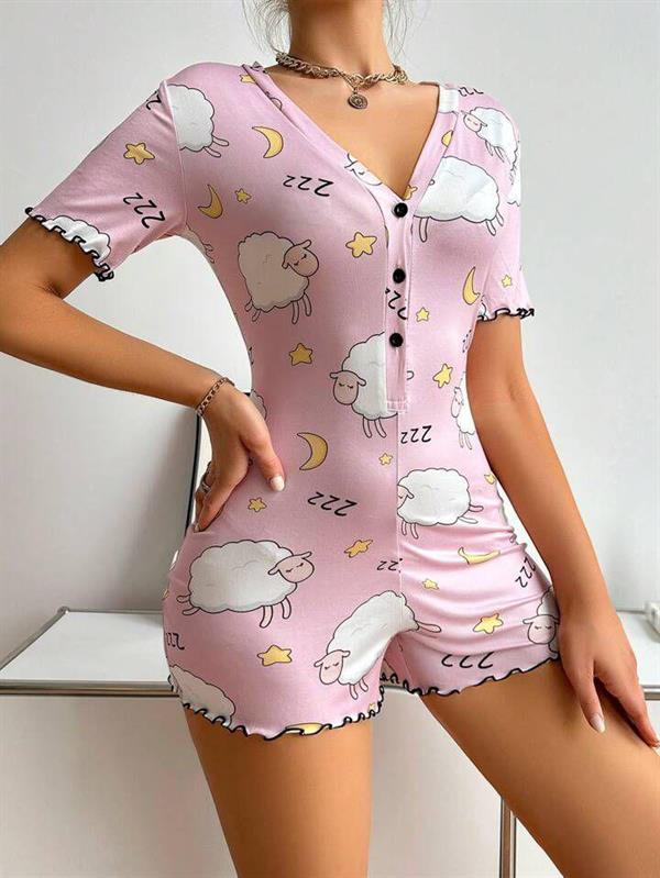 Arias Closet Pamuklu Pembe Kuzu Desenli Düğmeli Uzun Kol Tulum Pijama - Görsel 2