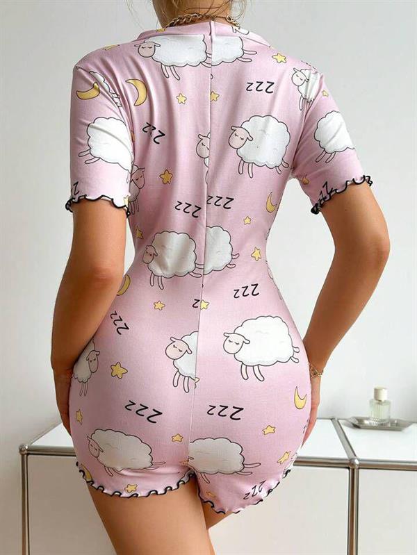 Arias Closet Pamuklu Pembe Kuzu Desenli Düğmeli Uzun Kol Tulum Pijama - Görsel 3