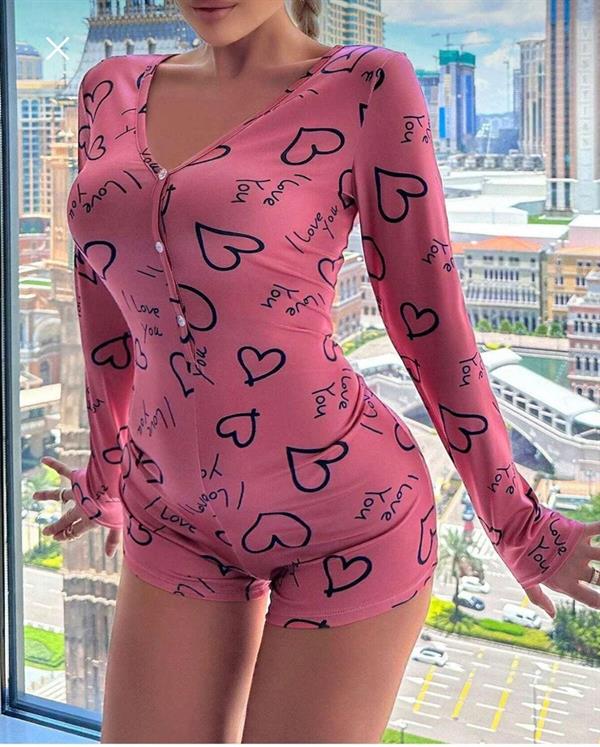 Arias Closet Pamuklu Pembe Siyah Kalp Desenli Düğmeli Uzun Kol Tulum Pijama - Görsel 3