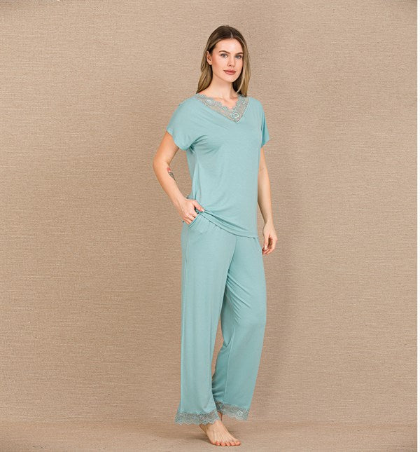 Arias Closet Viskon Şık Tasarım Dantel İşlemeli Mint Yeşil Kısa Kol Pijama Takımı - Görsel 2