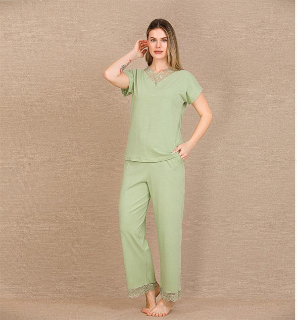 Arias Closet Pamuklu Şık Tasarım Dantel İşlemeli Yeşil Kısa Kol Pijama Takımı - Görsel 2