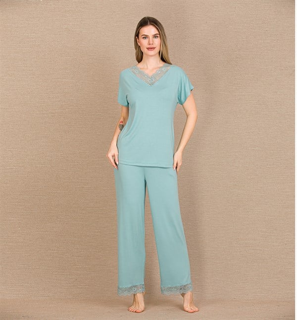 Arias Closet Viskon Şık Tasarım Dantel İşlemeli Mint Yeşil Kısa Kol Pijama Takımı - Görsel 1