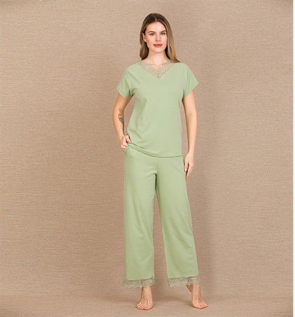 Arias Closet Pamuklu Şık Tasarım Dantel İşlemeli Yeşil Kısa Kol Pijama Takımı - Görsel 1