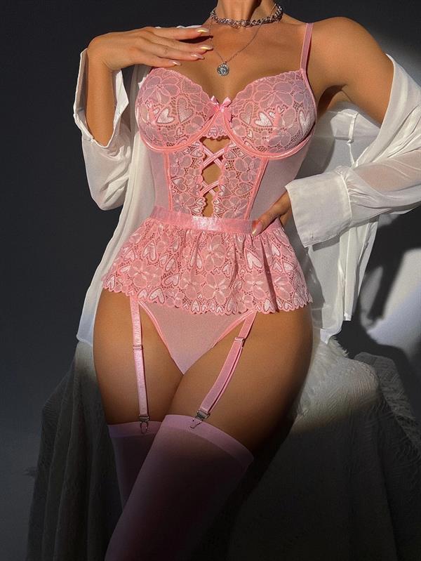 Arias Closet Pembe Dantel İşlemeli Kalp Desenli Fantezi Jartiyer Takımı - Görsel 4