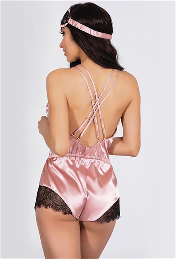 Arias Closet Pembe Dantelli Sırtı Çapraz Saten Şort Tulum - Görsel 2