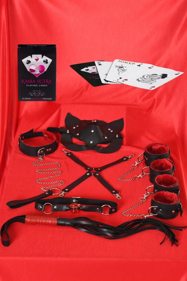 Arias Closet Sexy Görselli Oyun Kartı Kama Sutra 7'li Kırmızı Siyah Harness Set - Görsel 1
