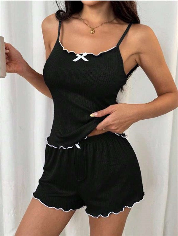 Arias Closet Siyah Beyaz Kurdelalı Askılı Şortlu Pijama Takımı - Görsel 2