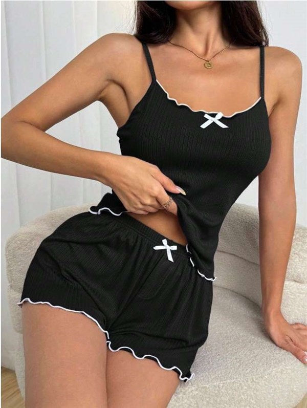 Arias Closet Siyah Beyaz Kurdelalı Askılı Şortlu Pijama Takımı - Görsel 1