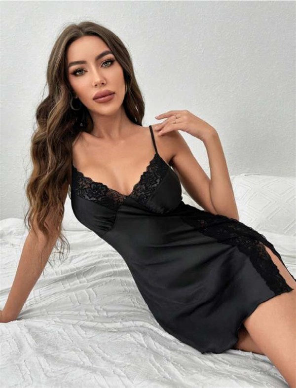 Arias Closet Siyah Dantel İşlemeli Yırtmaçlı İnce Askılı Saten Kısa Fantezi Gecelik - Görsel 1
