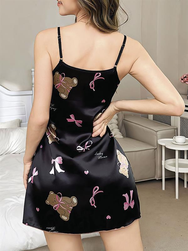 Arias Closet Siyah İnce Askılı Ayıcık Desenli Saten Mini Gecelik - Görsel 2
