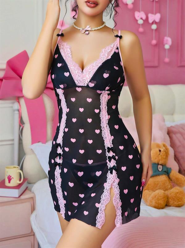Arias Closet Siyah Kalp Desenli Dantel İşlemeli Fantezi Gecelik - Görsel 2