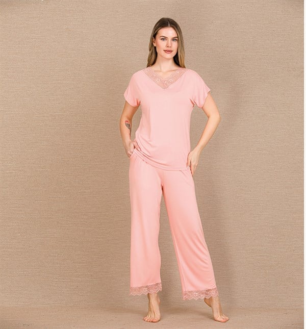 Arias Closet Viskon Şık Tasarım Dantel İşlemeli Açık Pembe Kısa Kol Pijama Takımı - Görsel 1