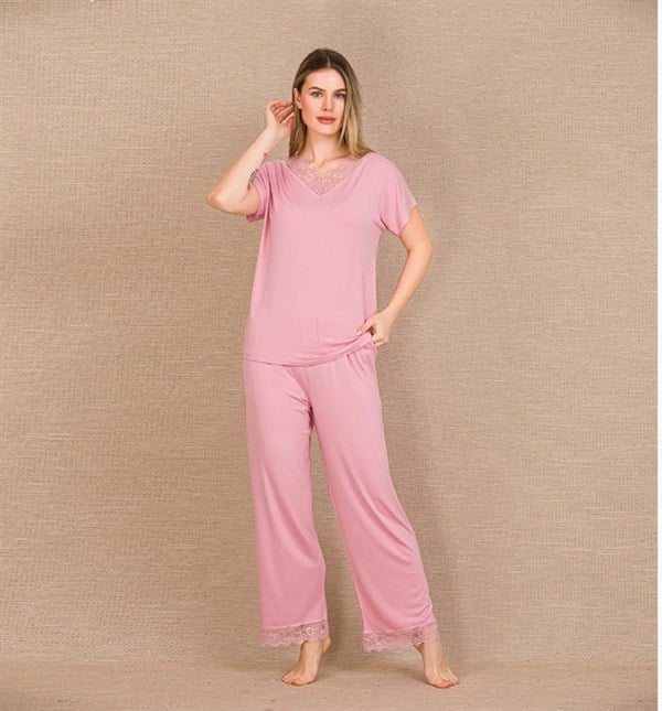 Arias Closet Viskon Şık Tasarım Dantel İşlemeli Pembe Kısa Kol Pijama Takımı - Görsel 1