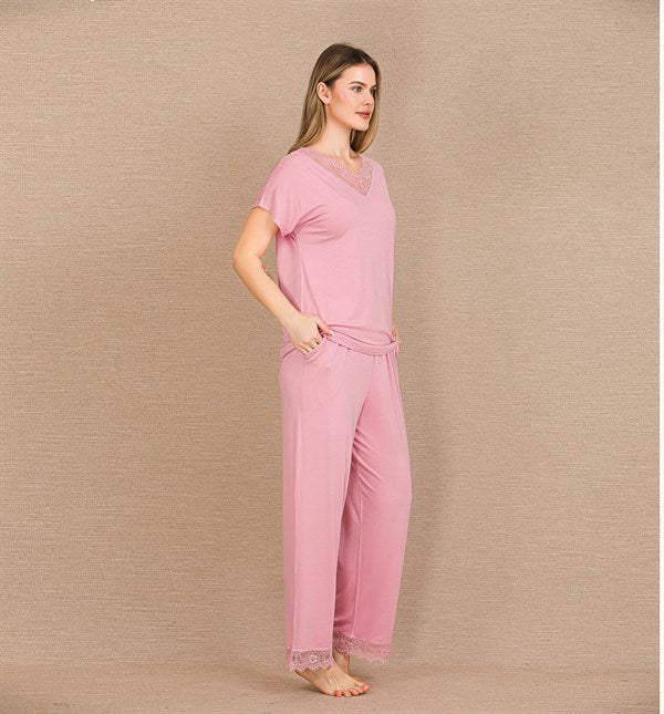Arias Closet Viskon Şık Tasarım Dantel İşlemeli Pembe Kısa Kol Pijama Takımı - Görsel 2