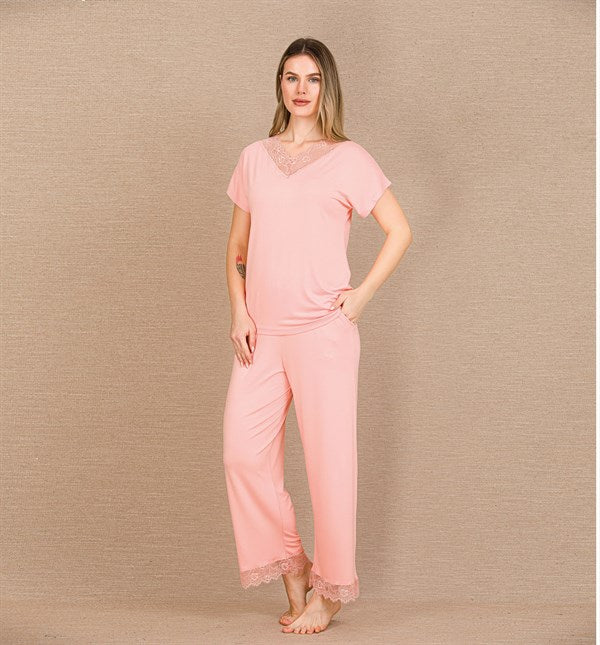 Arias Closet Viskon Şık Tasarım Dantel İşlemeli Açık Pembe Kısa Kol Pijama Takımı - Görsel 2