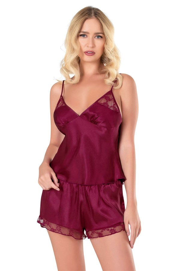 Arias Closet Bordo Saten Babydoll Şort Takımı - Görsel 1