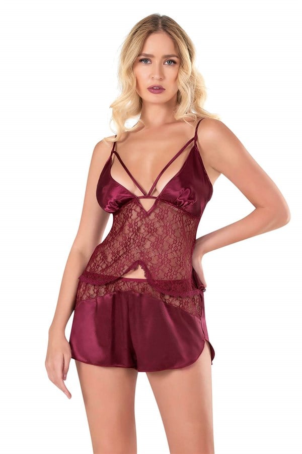 Arias Closet Bordo Saten Babydoll Şort Takımı - Görsel 1