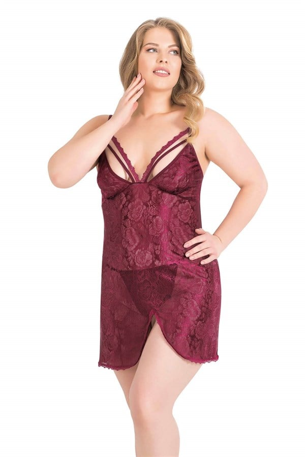 Arias Closet Büyük Beden Bordo Kısa Jakarlı Gecelik - Görsel 1