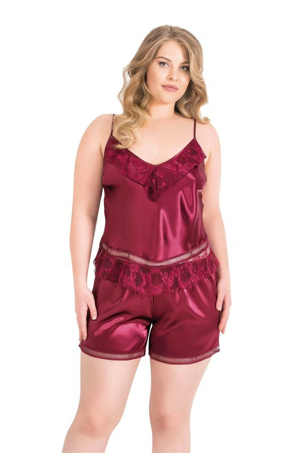 Arias Closet Büyük Beden Bordo Saten Babydoll Şort Takımı - Görsel 1