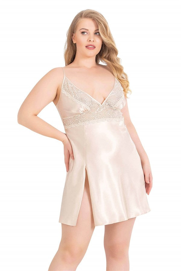 Arias Closet Büyük Beden Fildişi Kısa Saten Gecelik - Görsel 1