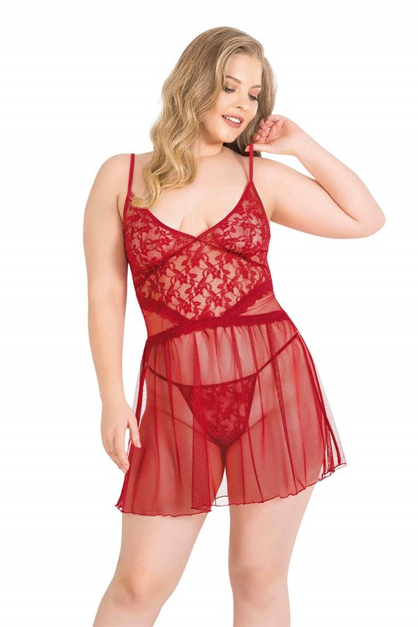 Arias Closet Büyük Beden Kırmızı Kısa Tül Gecelik - Görsel 1
