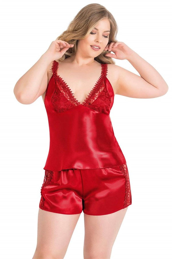 Arias Closet Büyük Beden Kırmızı Saten Babydoll Şort Takımı - Görsel 1