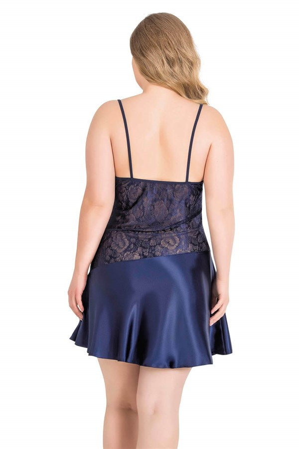 Arias Closet Büyük Beden Lacivert Kısa Saten Gecelik - Görsel 2