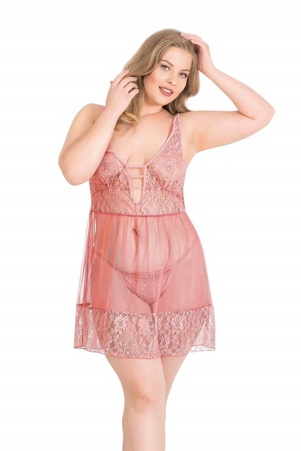 Arias Closet Büyük Beden Mercan Kısa Tül Gecelik - Görsel 1