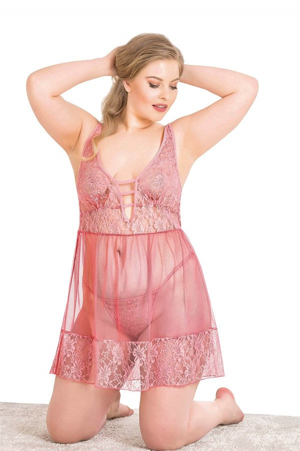Arias Closet Büyük Beden Mercan Kısa Tül Gecelik - Görsel 3