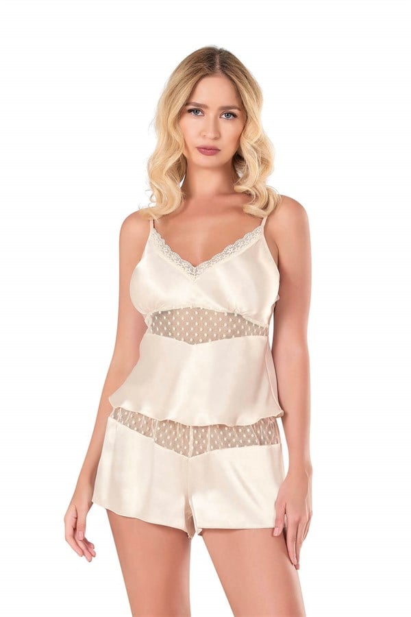 Arias Closet Fildişi Saten Babydoll Şort Takımı - Görsel 1