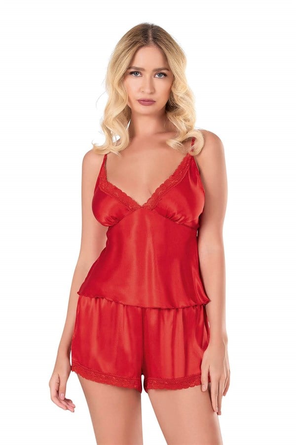 Arias Closet Kırmızı Saten Babydoll Şort Takımı - Görsel 1