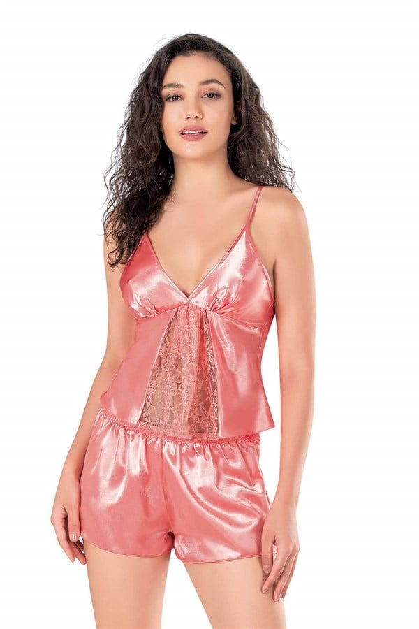 Arias Closet Mercan Saten Babydoll Şort Takımı - Görsel 1
