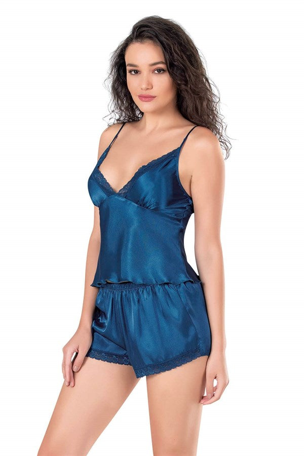 Arias Closet Petrol Mavi Saten Babydoll Şort Takımı - Görsel 1